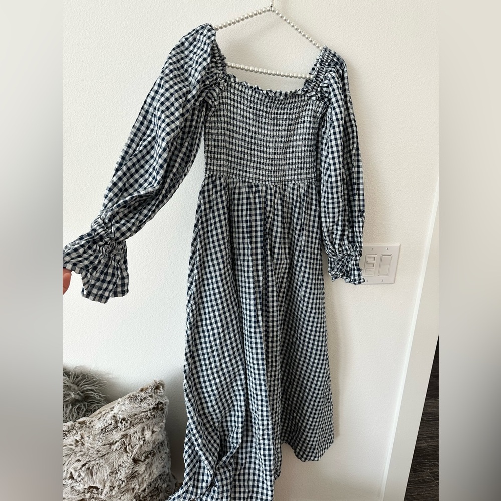 Elizabeth Wilson navy blue and white checkered dress with puff sleeves